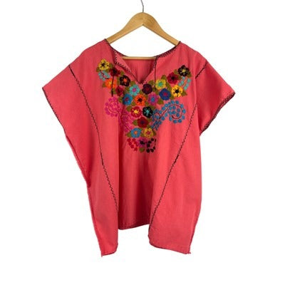 Mexican Embroidered Floral Poncho Top In Pink