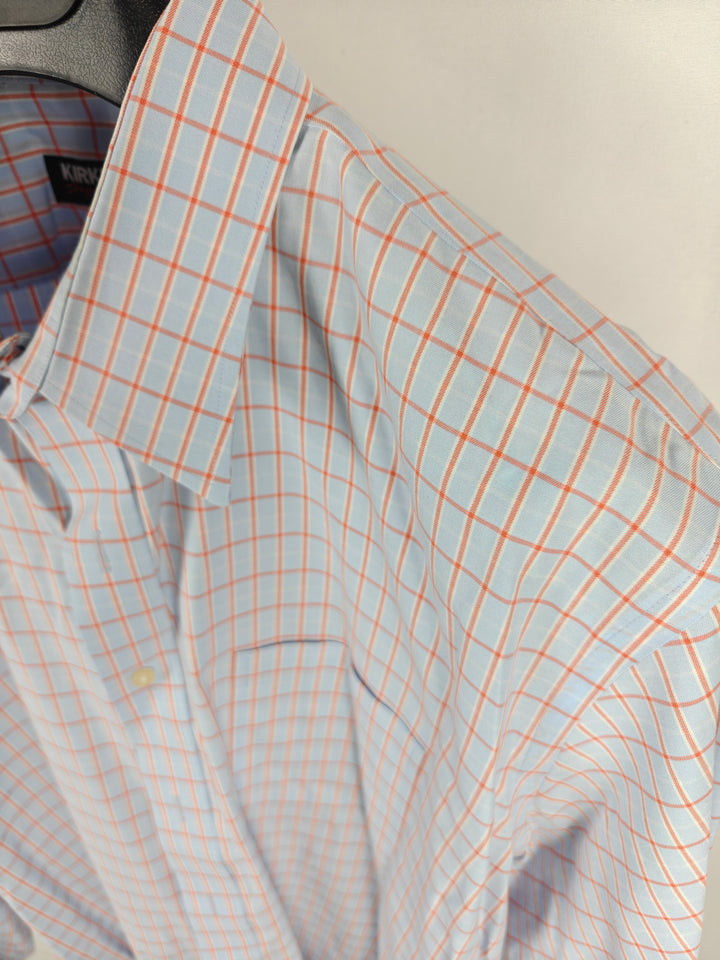 Men’s Kirkland Signature Dress Shirt Blue Orange Plaid Size 17.5 34/35