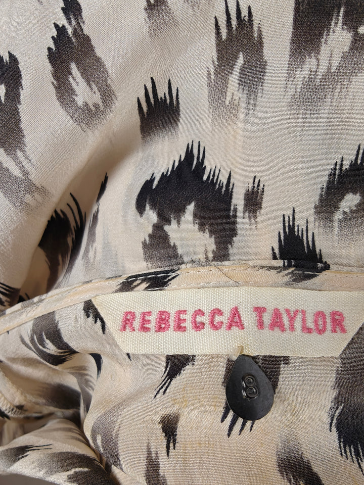 Womens Rebecca Taylor Silk Blouse Beige Black Animal Print