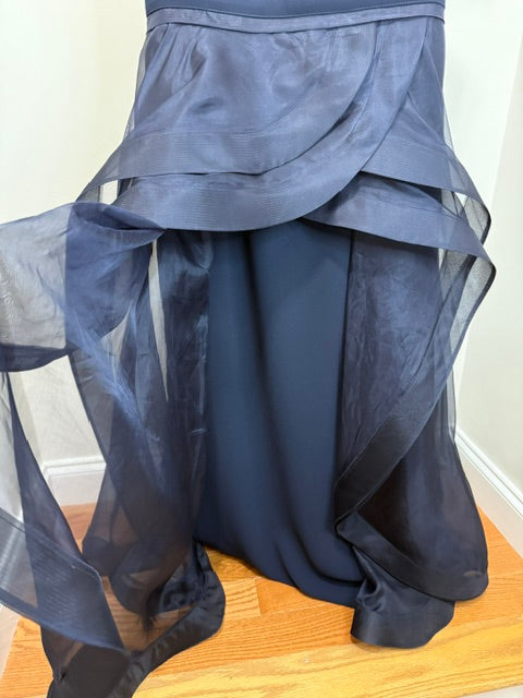 A Exclusive Formal Gown – Navy Off‑Shoulder Column Dress w/ Organza Overlay – Boutique Couture – Retail $1000+