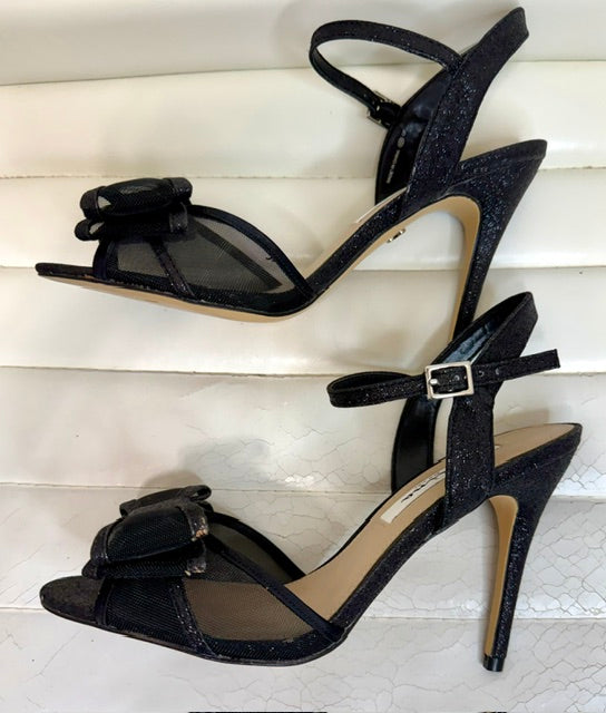 Nina Black Mesh Glitter Bow Heeled Sandals Sz7