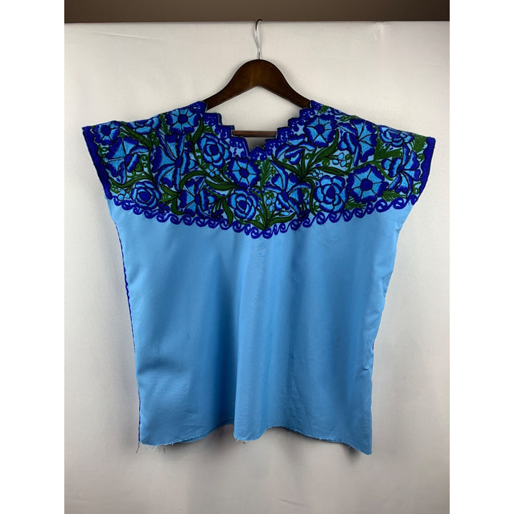 Women’s Handmade Puebla Shirt with Blue Floral Embroidery Size L