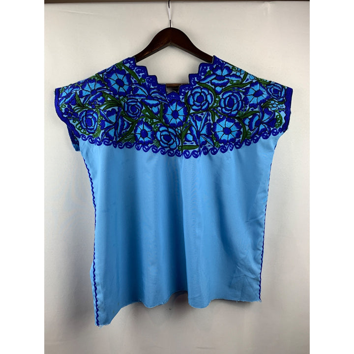 Women’s Handmade Puebla Shirt with Blue Floral Embroidery Size L