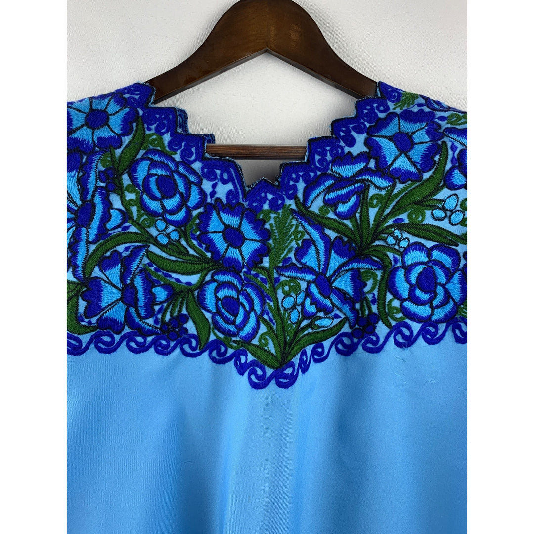 Women’s Handmade Puebla Shirt with Blue Floral Embroidery Size L