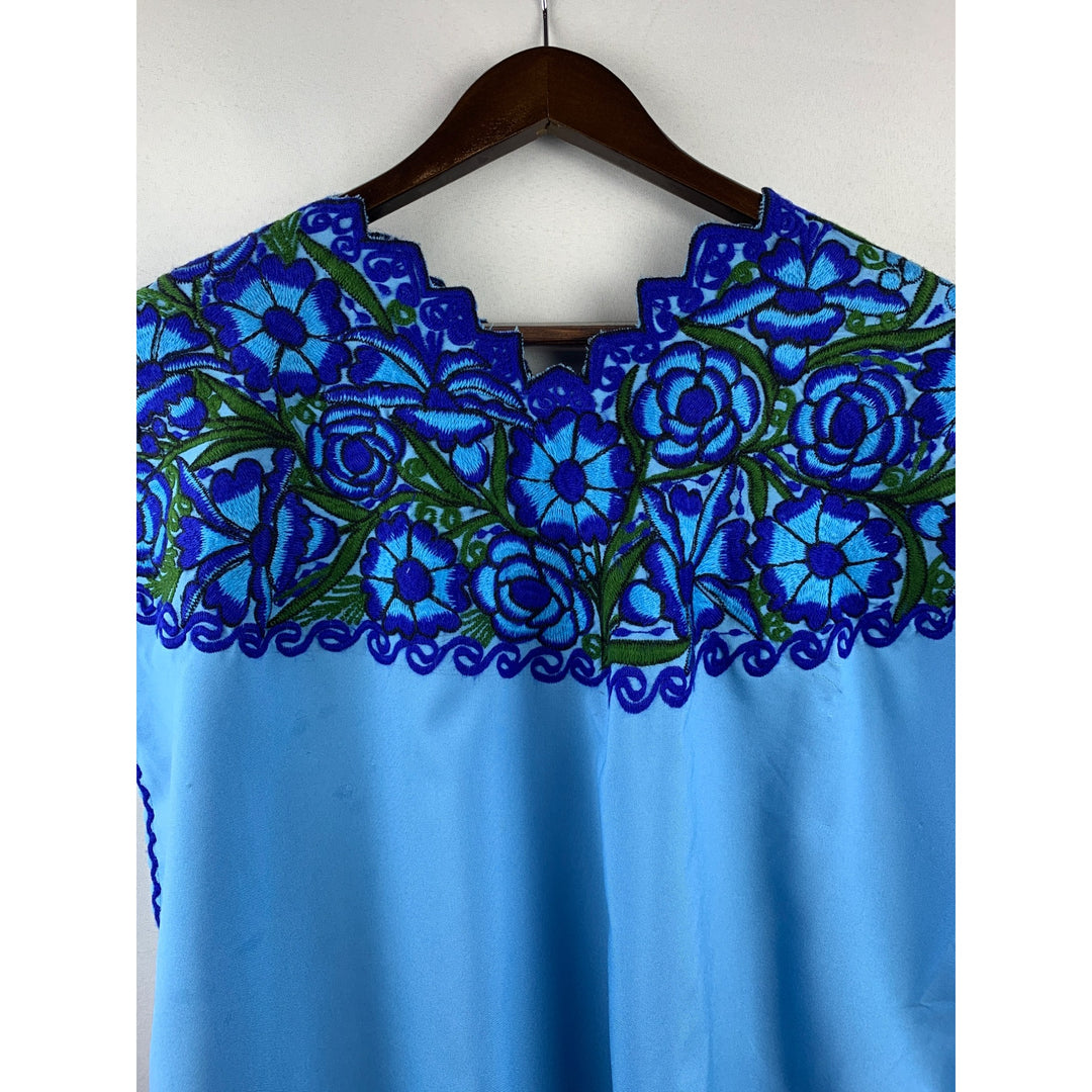 Women’s Handmade Puebla Shirt with Blue Floral Embroidery Size L