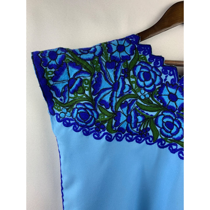 Women’s Handmade Puebla Shirt with Blue Floral Embroidery Size L