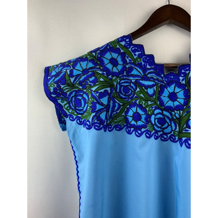 Women’s Handmade Puebla Shirt with Blue Floral Embroidery Size L