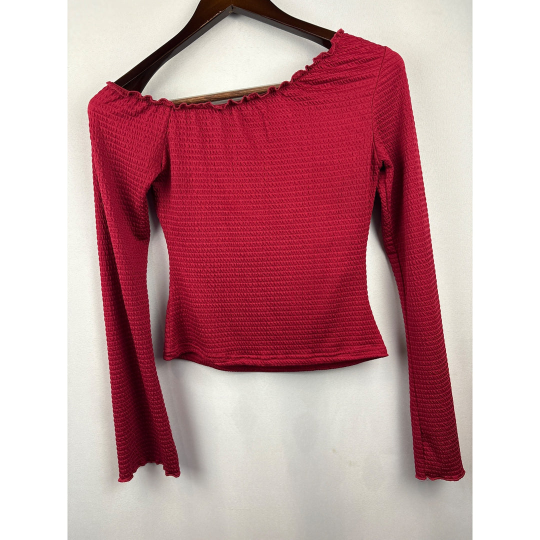 Women’s Princess Polly Medium Red Ruched Long Sleeve off the Shoulder Shirt