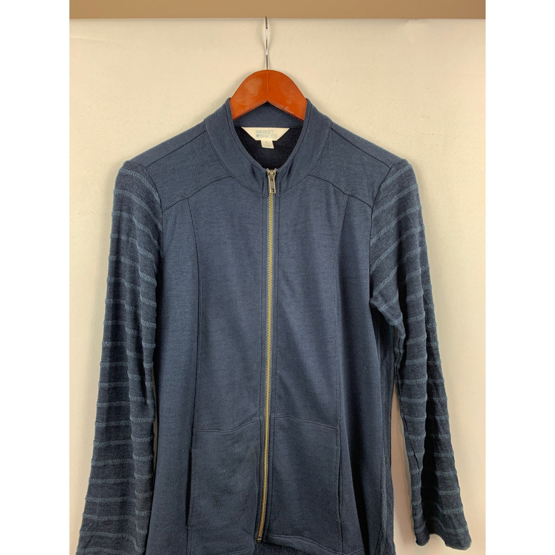 Market & Spruce Womens Small Blue Striped Long-Sleeve Zip Jacket With Pockets