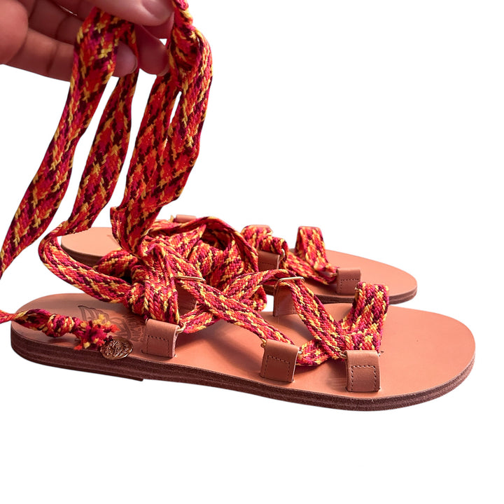 Ancient Greek Sandals Women's "Evelina" Flatform Sandals Woven Red Ankle Straps, with Box + Dustbag