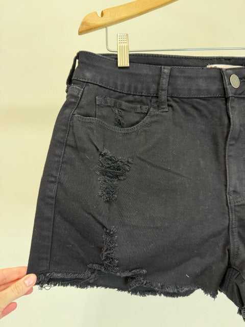 SO High Rise Shortie Jean Shorts – Black – Sz 17/33W (Distressed, Raw Hem) NWOT