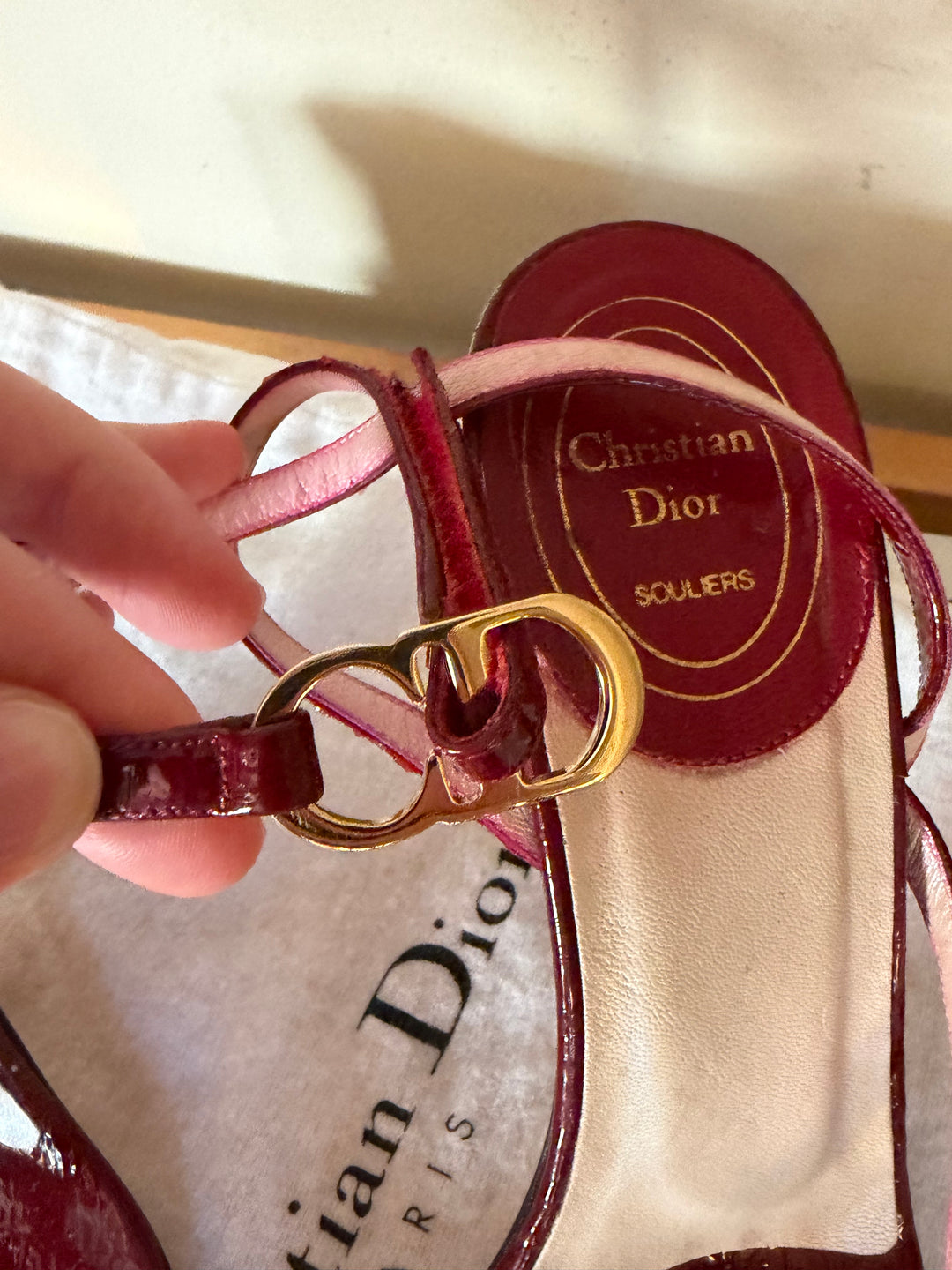 Christian Dior Burgundy Patent Leather CD Logo Ankle Strap Sandals Heels EU 38