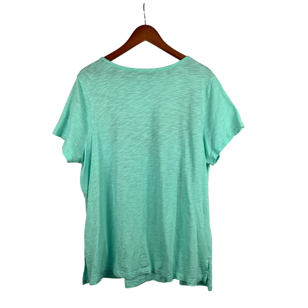 Belle By Kim Gravel Embroidered Floral Tee Size 1X Aqua Cotton/Modal