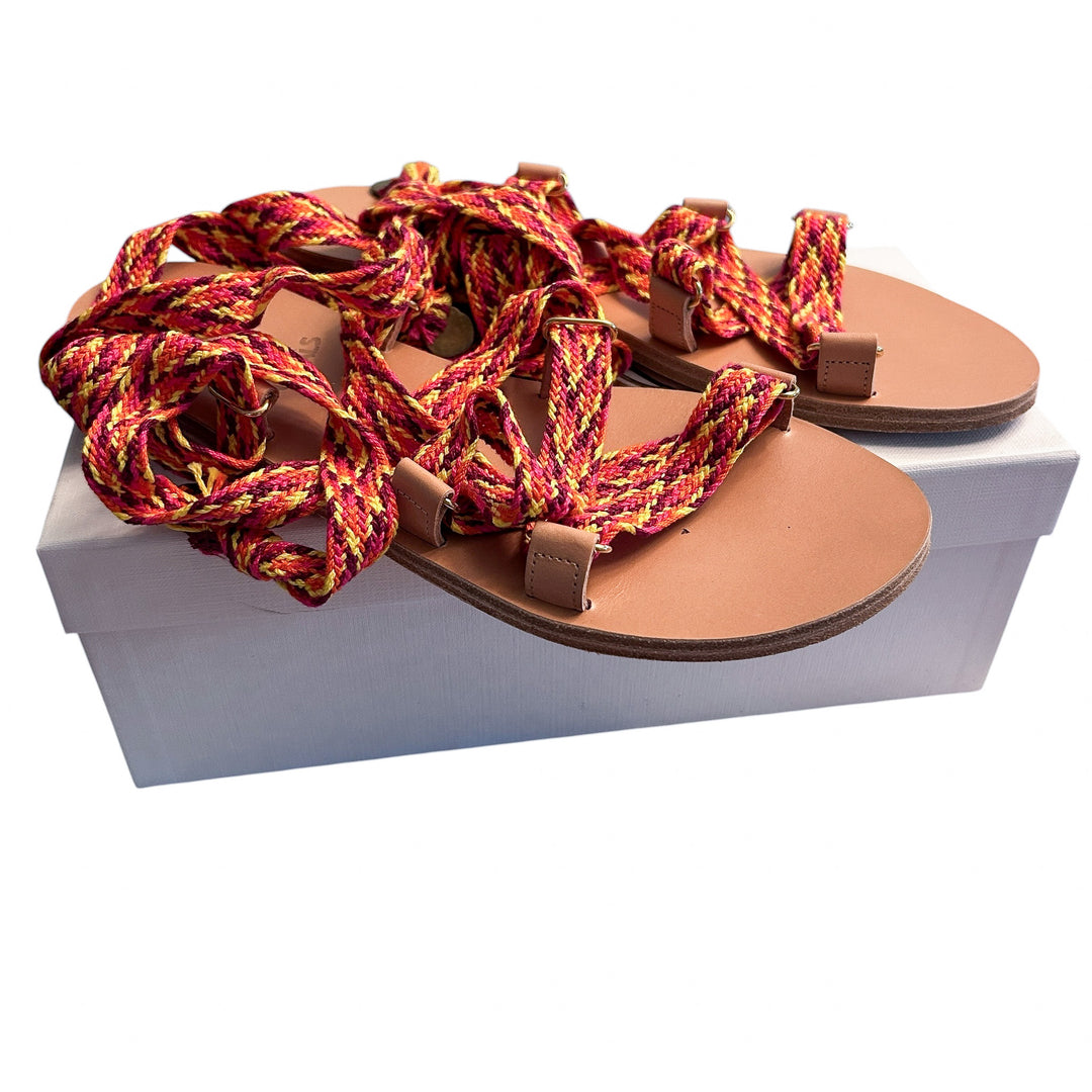 Ancient Greek Sandals Women's "Evelina" Flatform Sandals Woven Red Ankle Straps, with Box + Dustbag