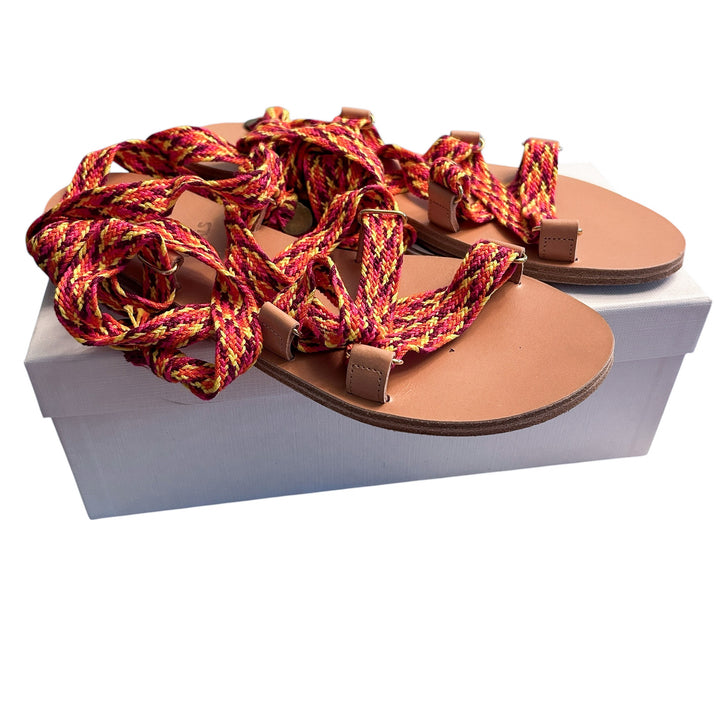 Ancient Greek Sandals Women's "Evelina" Flatform Sandals Woven Red Ankle Straps, with Box + Dustbag