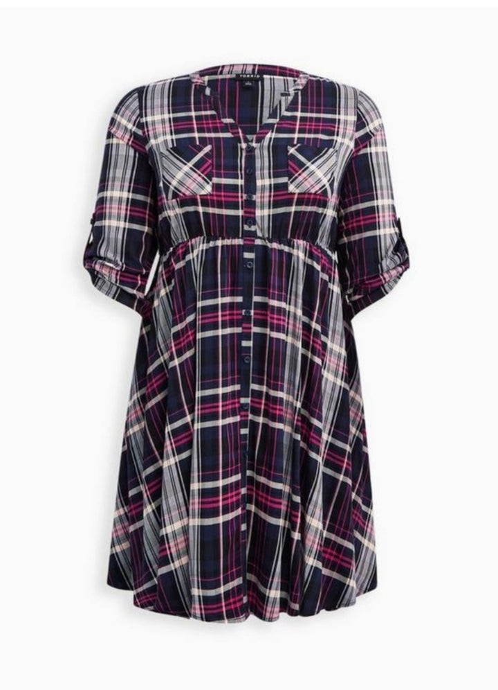 Torrid Plaid Mini Challis Button‑Front Shirt Dress Sz1X(14–16) NWT