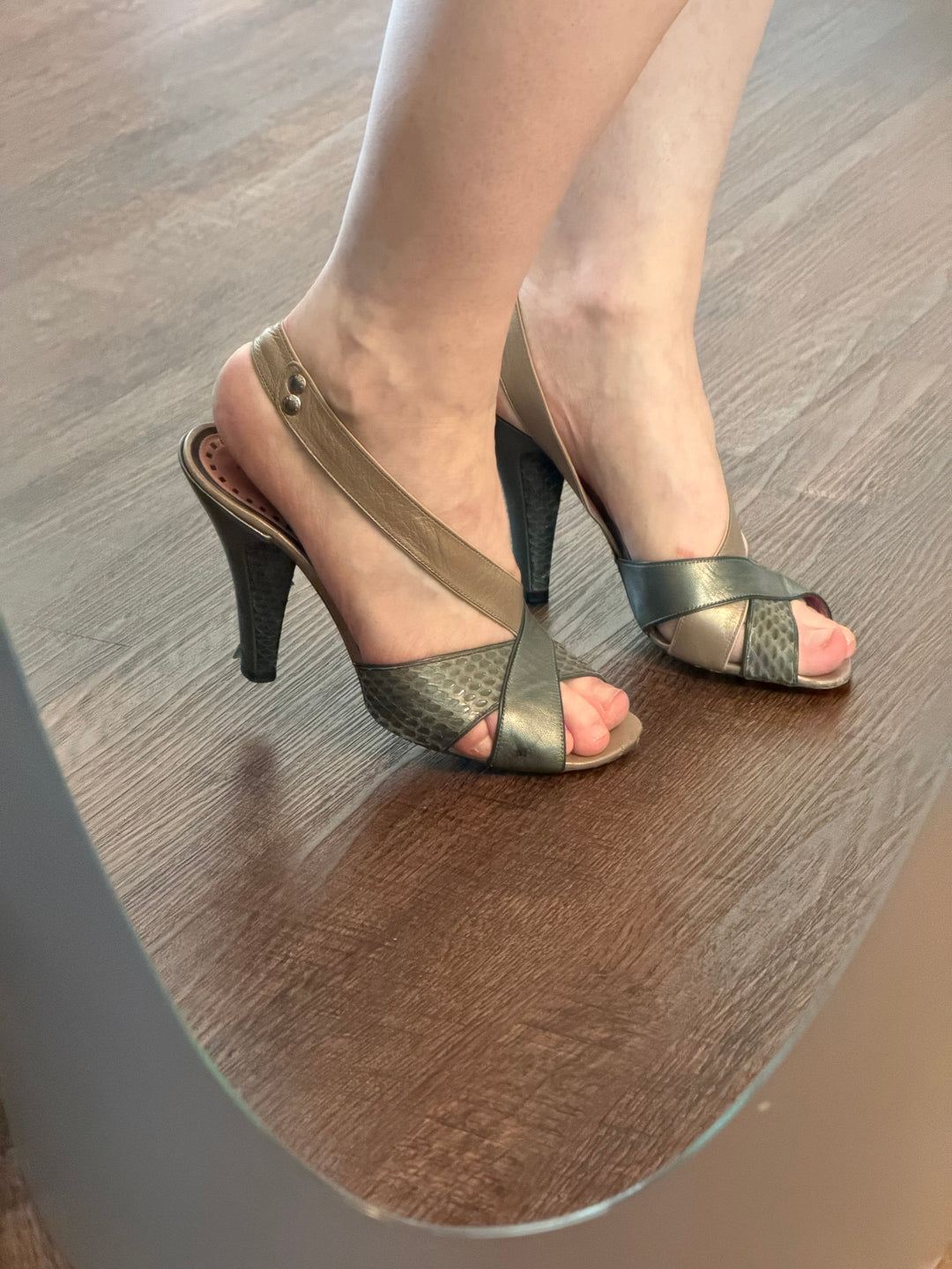 Vintage Louis Vuitton Metallic Leather &amp; Snakeskin Slingback Heels Size 38.5
