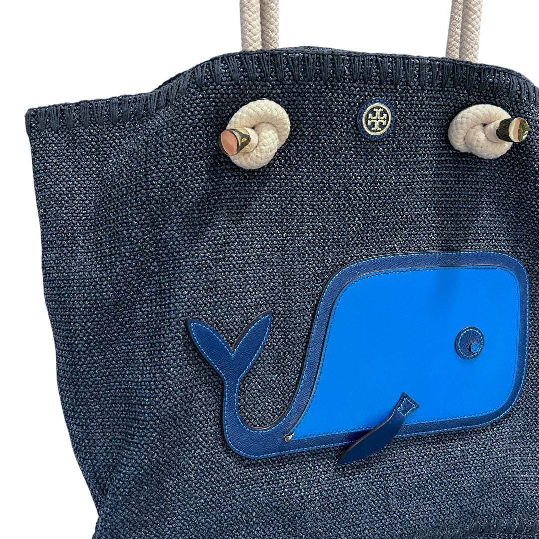 Tory Burch Knotted Whale Beach/Pool Tote Handbag Purse Blue Canvas Nautical Preppy Whimsical Vacatio