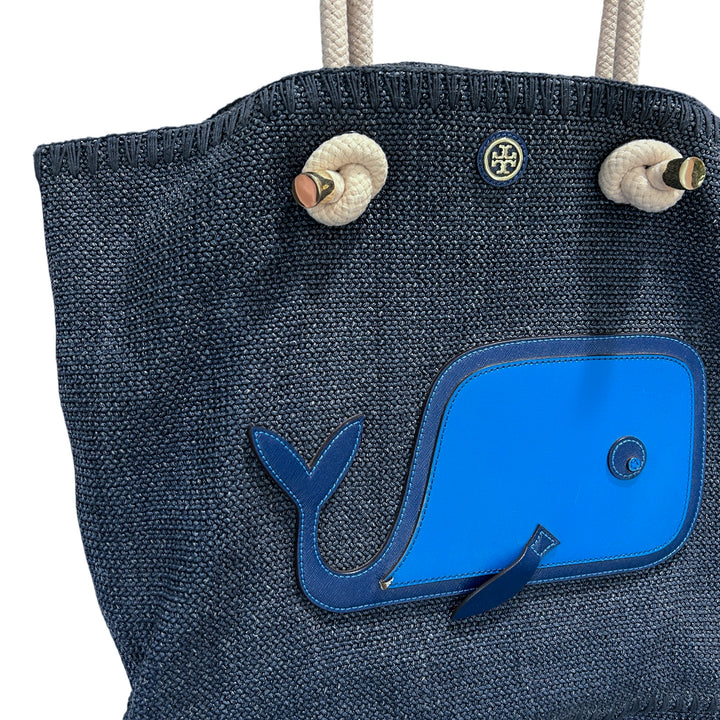 Tory Burch Knotted Whale Beach/Pool Tote Handbag Purse Blue Canvas Nautical Preppy Whimsical Vacatio