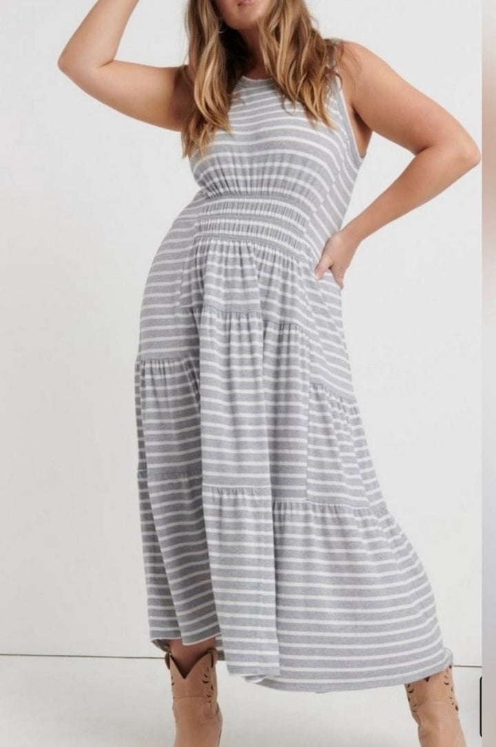 Lucky Brand Striped Tank Maxi Knit Stretchy Dress – Gray/White SzL