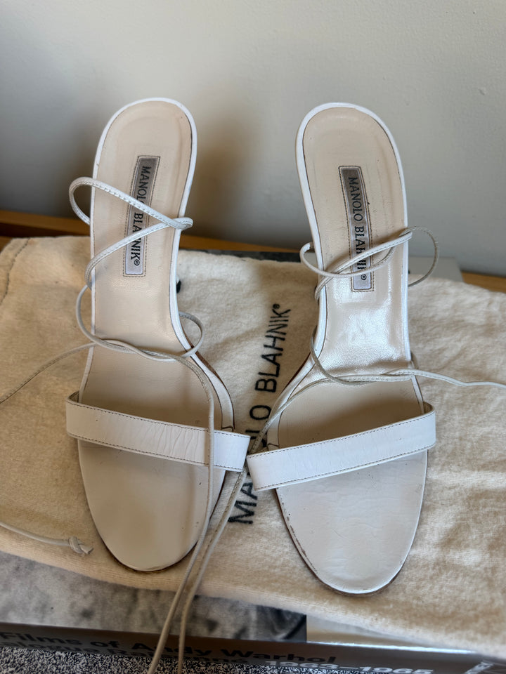 Manolo Blahnik White Leather Lace-Up Sandals Heels Size 37.5