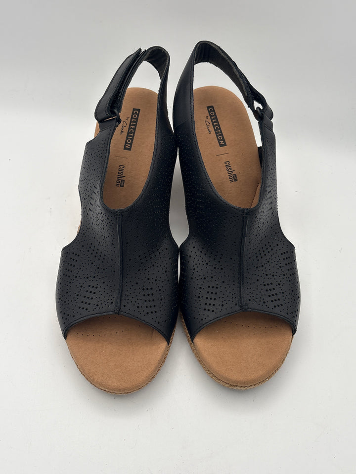 Women’s Clark’s Size 10 Black Leather Wedge Sandals
