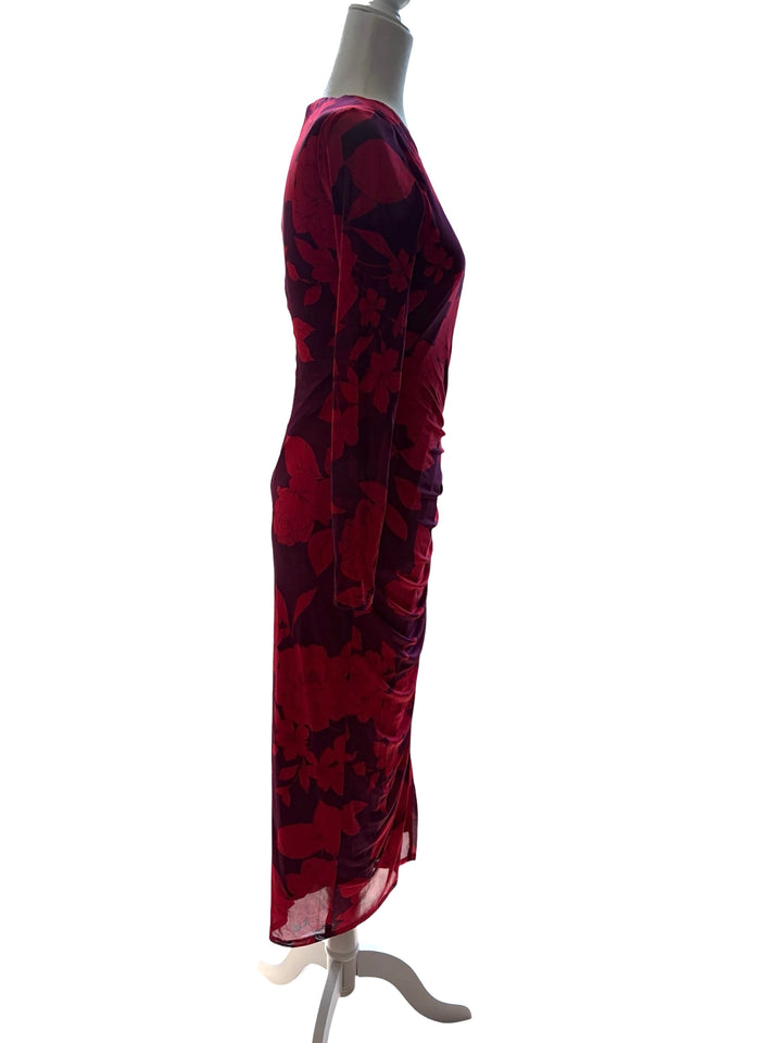 Taylor Women’s Purple/Red Long Sleeve Ruched Maxi Foral Dress, Size 4