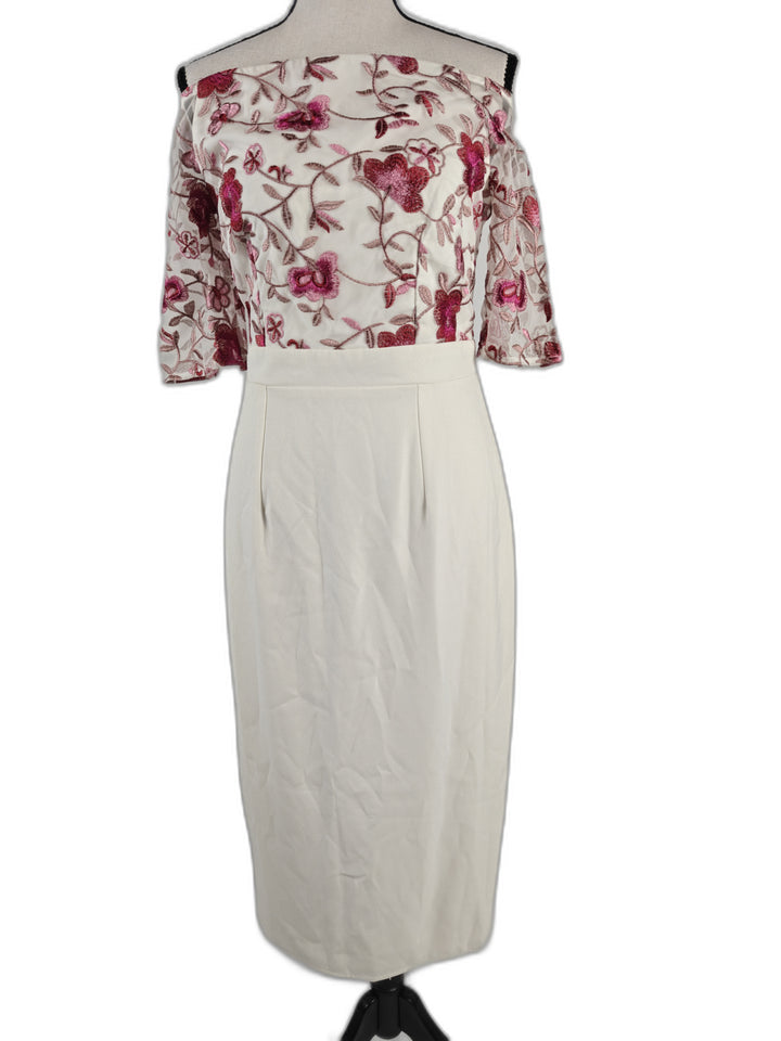 Women’s Little Mistress Off Shoulder Floral Embroidered Maxi Dress Ivory Pink Size 6