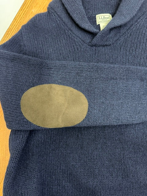 L.L.Bean 100% Shetland Wool Navy Sweater –Brown Elbow Patches, SzM