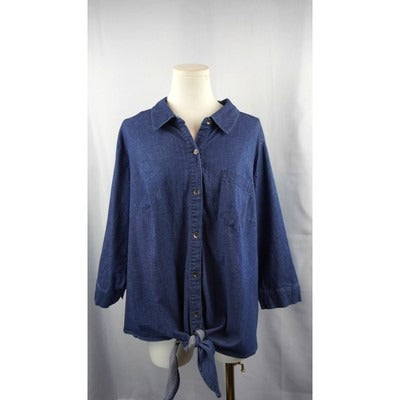 Belle By Kim Gravel Womens Denim Shirt 1X Blue Cotton Spandex Tie Front Button-Up