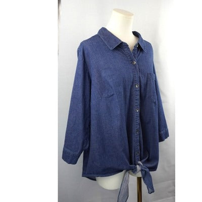 Belle By Kim Gravel Womens Denim Shirt 1X Blue Cotton Spandex Tie Front Button-Up