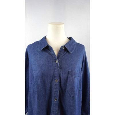 Belle By Kim Gravel Womens Denim Shirt 1X Blue Cotton Spandex Tie Front Button-Up