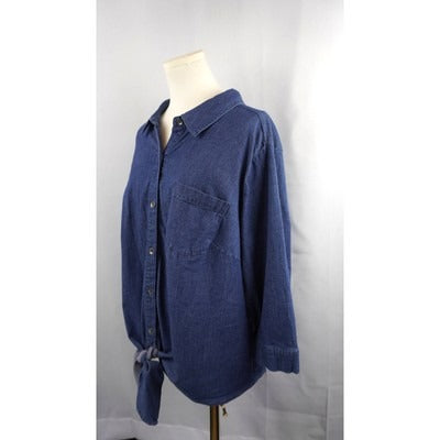 Belle By Kim Gravel Womens Denim Shirt 1X Blue Cotton Spandex Tie Front Button-Up