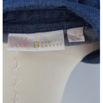 Belle By Kim Gravel Womens Denim Shirt 1X Blue Cotton Spandex Tie Front Button-Up