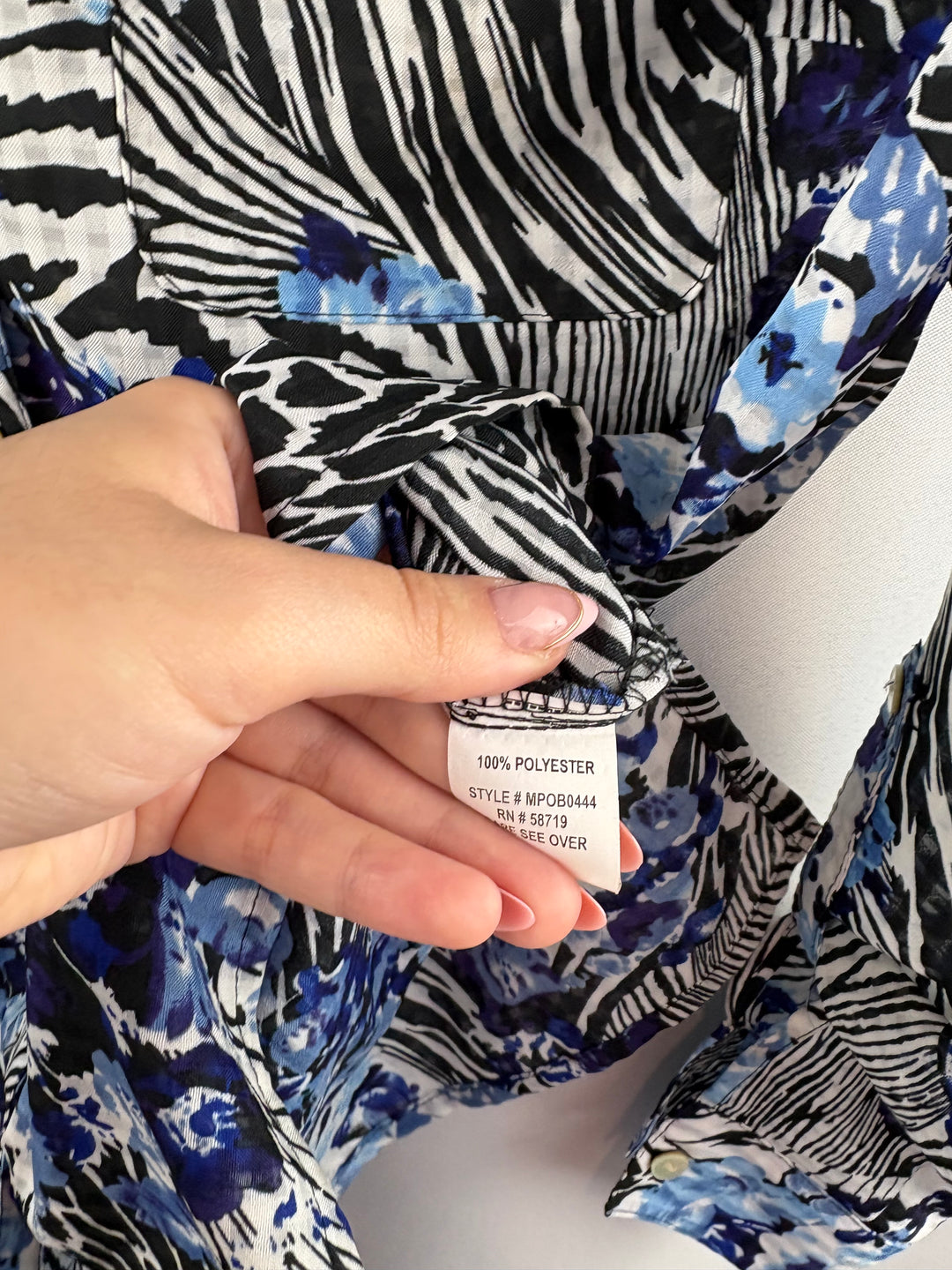 Women’s Notations Small Blue, Black, & White Patterned Blouse