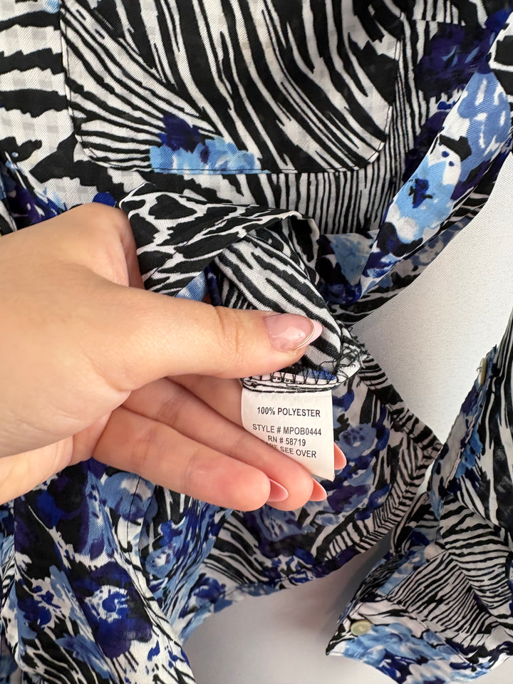 Women’s Notations Small Blue, Black, & White Patterned Blouse