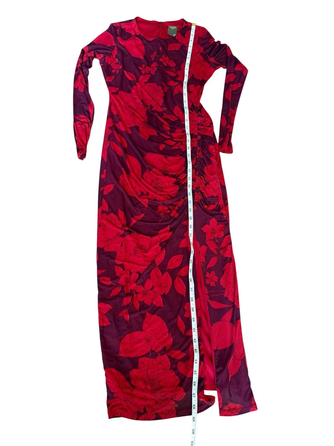 Taylor Women’s Purple/Red Long Sleeve Ruched Maxi Foral Dress, Size 4