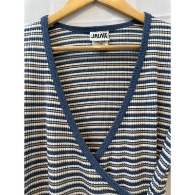 Jalate Limited Deep V Neck Cream and Blue Striped Top Size Large
