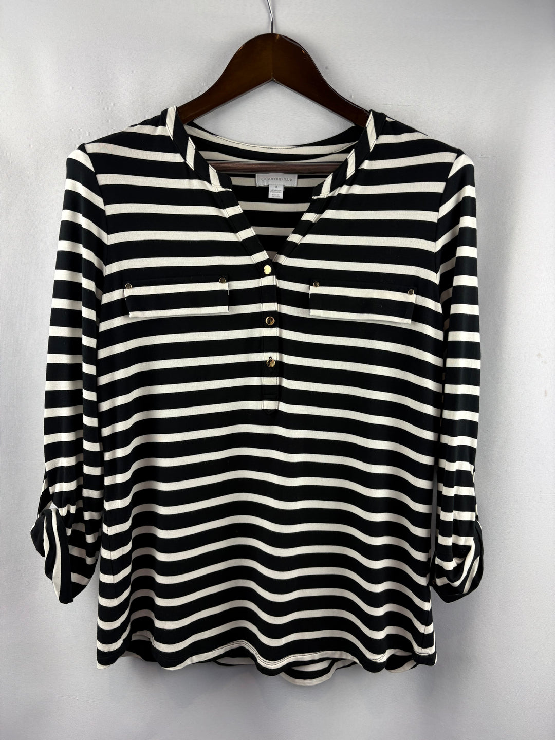 Women’s Charter Club Medium Black & White Striped Blouse