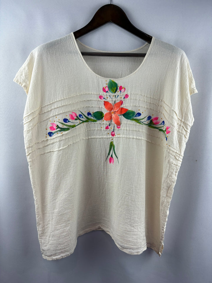 Women’s Handmade XL Cream Floral Embroidered Blouse