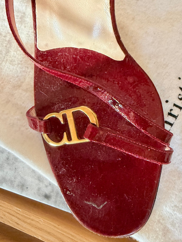 Christian Dior Burgundy Patent Leather CD Logo Ankle Strap Sandals Heels EU 38