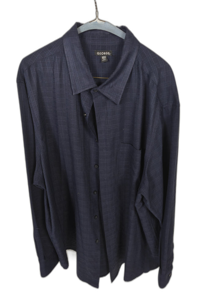 George Men's 2XL Navy Blue Windowpane Plaid Button Up Shirt Long Sleeve Casual