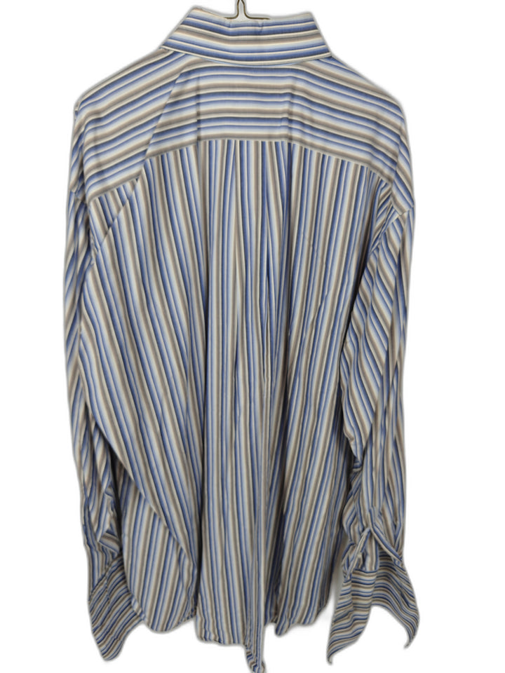 Italo Mondo Tall 18 36/37 French Cuff Dress Shirt Blue Brown White Stripe 100% Cotton