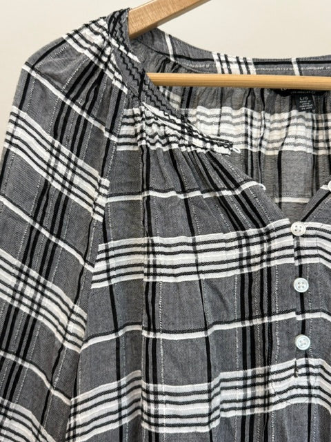 Lucky Brand Black &amp; White Plaid Embroidered Henley Blouse SzL