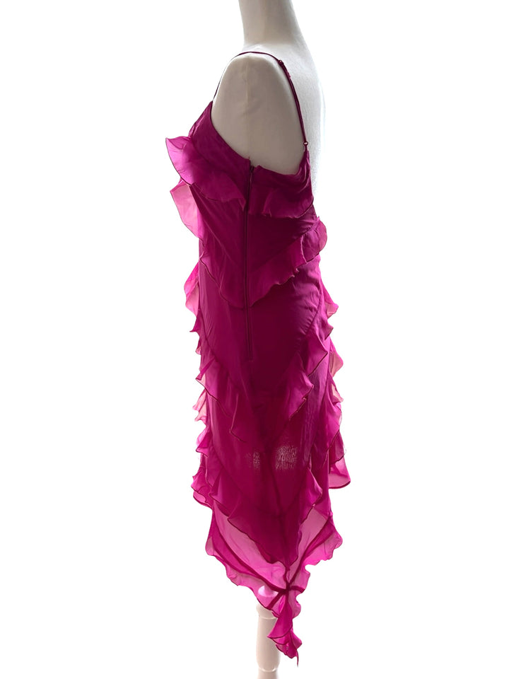 Abercrombie & Fitch Women's Fuchsia Barbie Pink Adjustable Straps Ruffle Asymmetrical Hem Mini Dress, size S