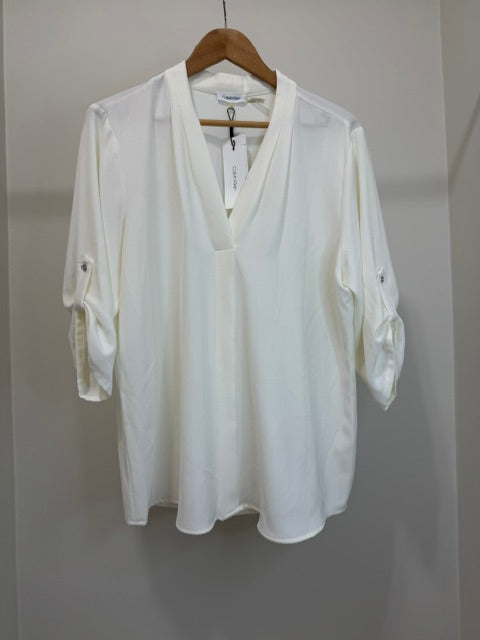 Calvin Klein Dustin Roll Sleeve Blouse White V Neck Top XL NWT