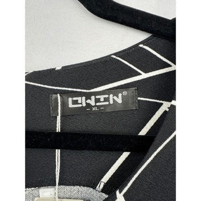 OWIN Women’s Black Tank Dress Size XL – White Geometric Print & Lace Detail
