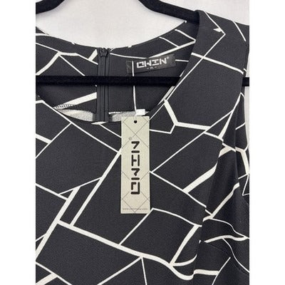 OWIN Women’s Black Tank Dress Size XL – White Geometric Print & Lace Detail