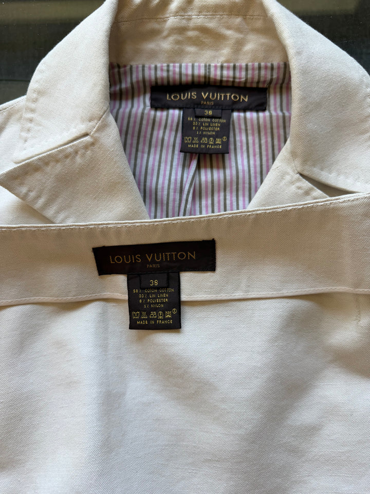 Louis Vuitton Paris Ivory Cotton Linen Skirt Suit Set Made in France Size 38