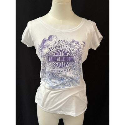 Women’s Harley Davidson Fitted Scoop Neck White Colored Graphic T Shirt Sz L